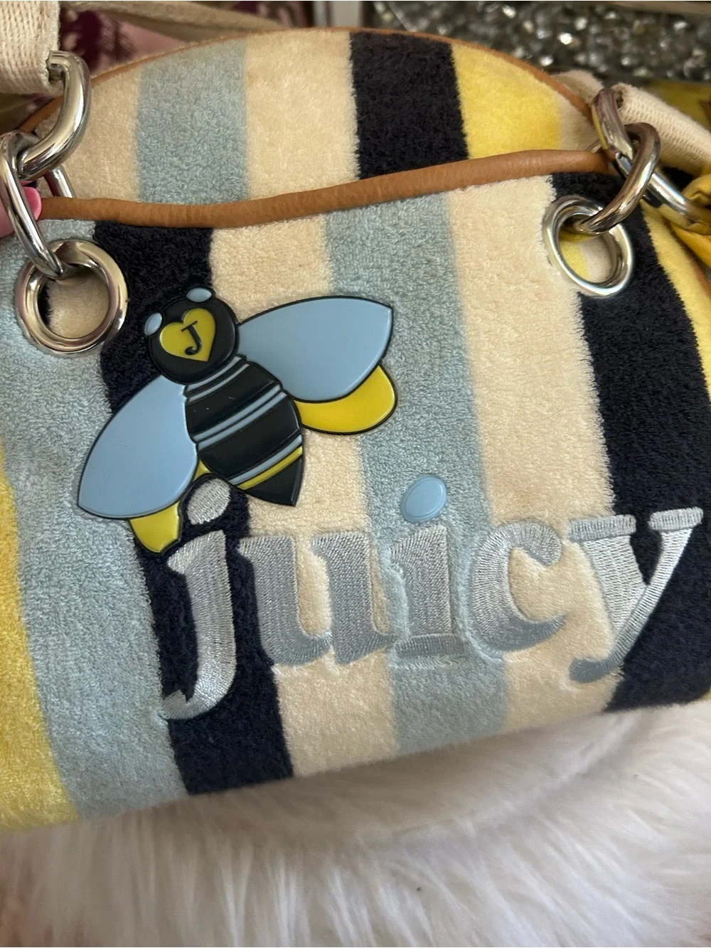 Rare Y2K Vintage Juicy Couture Colorful Striped Terry BEE Bowler Satchel Bag 🐝